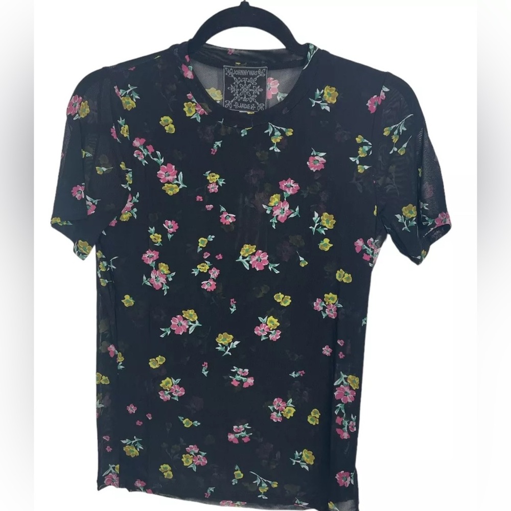 Johnny Was Samantha Mesh Top X-LARGE Black Floral Short Sleeve Crew Neck Tee